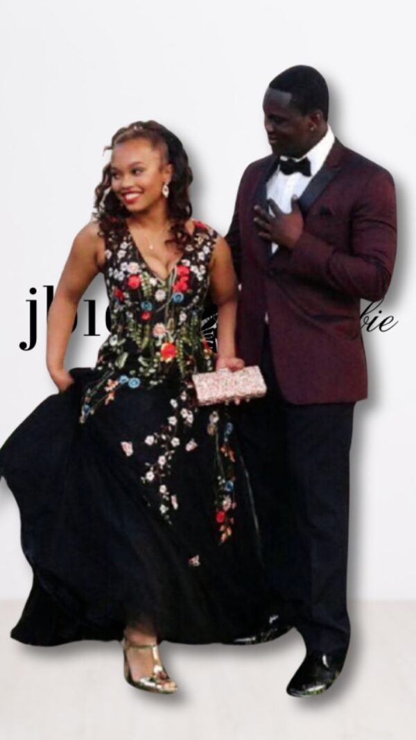 Custom Black Sheer Prom Ball Gown with Floral Appliqués