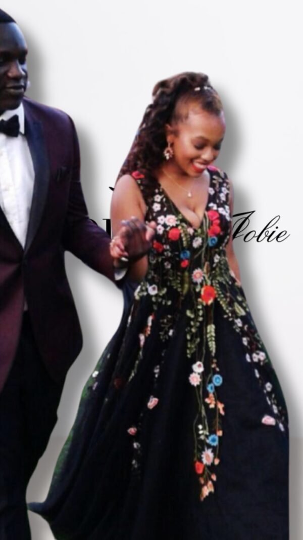Custom Black Sheer Prom Ball Gown with Floral Appliqués