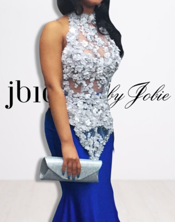 Custom Sheer Silver High Neck Prom Dress With Tight Royal Blue Mermaid Train