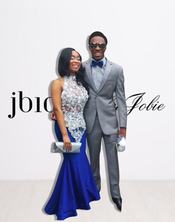 Custom Sheer Silver High Neck Prom Dress With Tight Royal Blue Mermaid Train