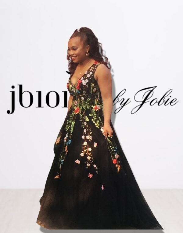 Custom Black Sheer Prom Ball Gown with Floral Appliqués